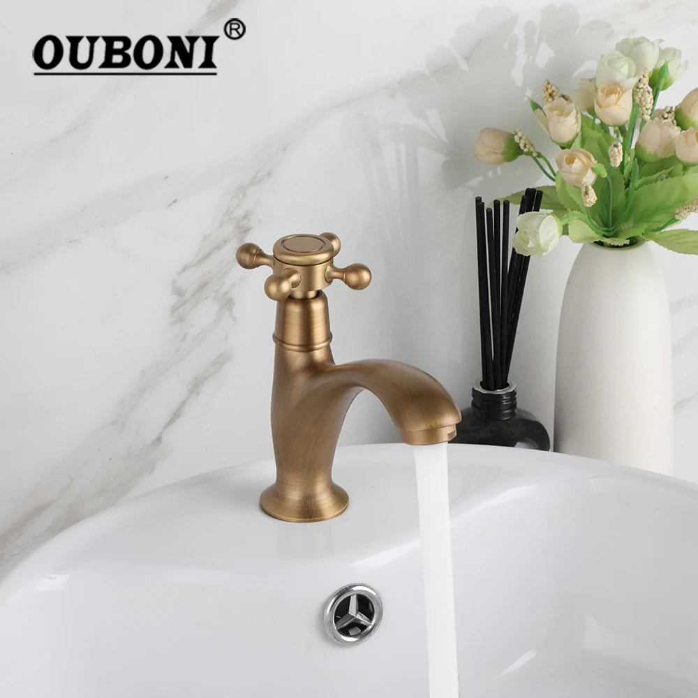 

OUBONI Bathroom Basin Faucet Antique Brass Single Cold Deck Mounted Single Hole Cross Handle Rotation Control Bath Crane Taps