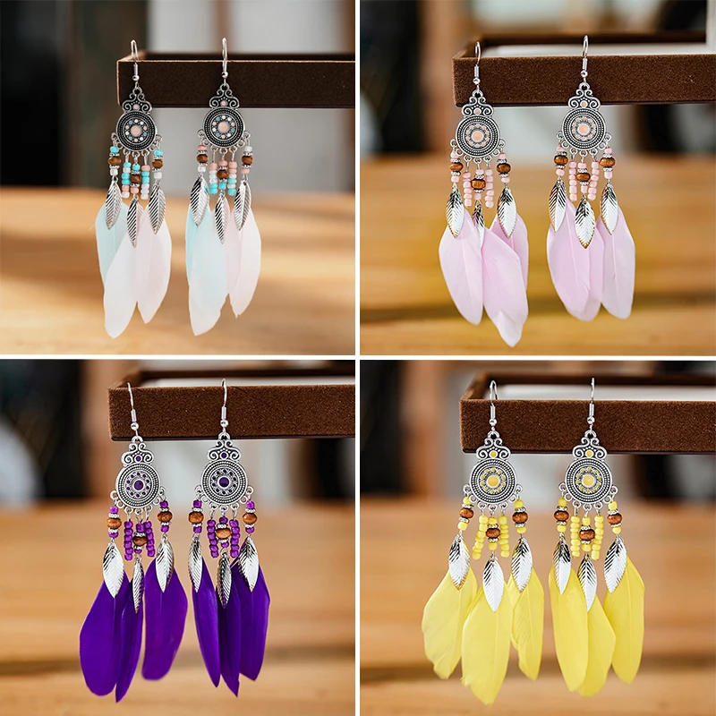 Bohemian Long Round Drop Oil Feather Earrings for Women Ethnic Vintage Bead Metal Leaf Tassel Earring Pendientes Mujer Brincos