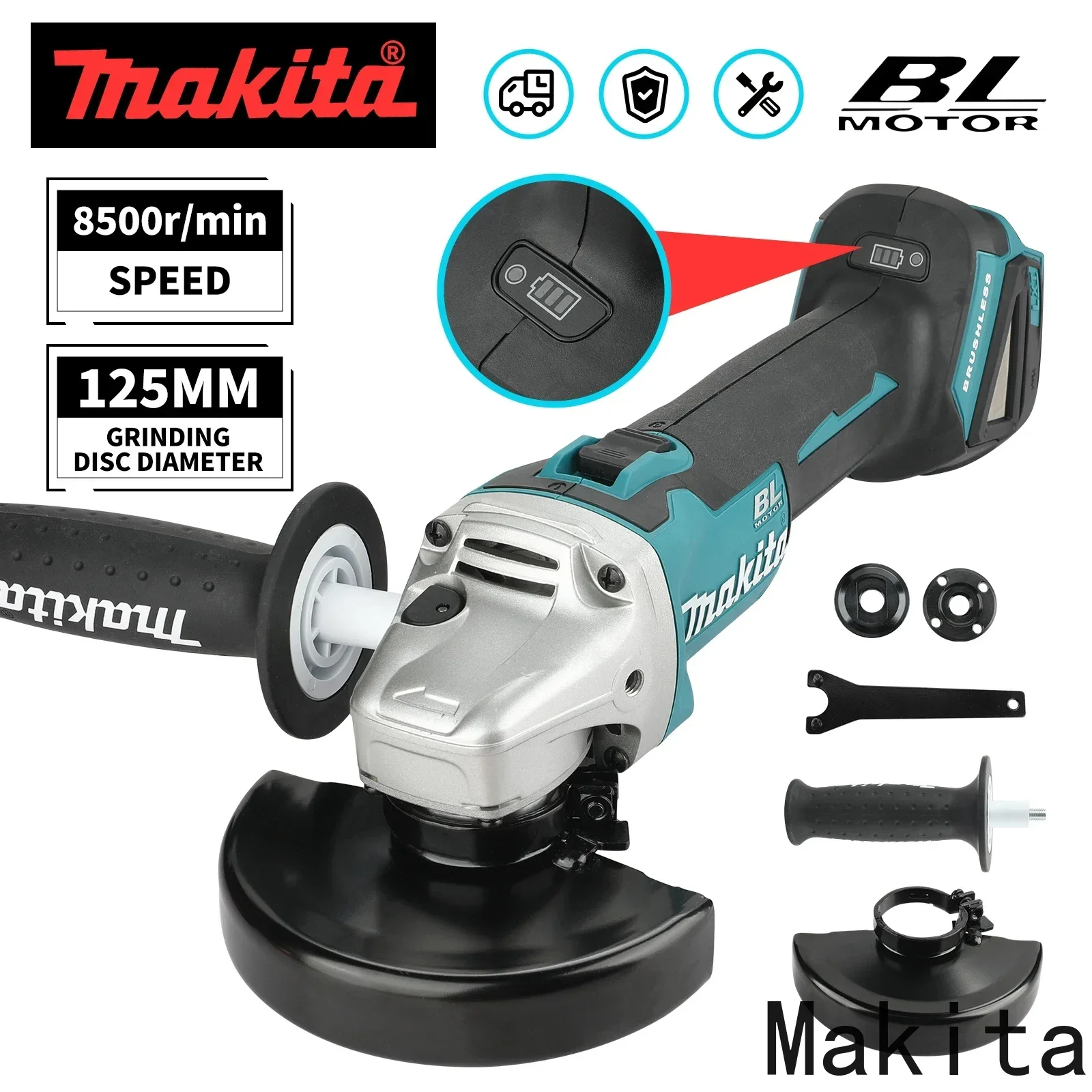 

DGA404 Makita Brushless 125mm For 18V Batte Angle Grinder 3 Gears Variable Efficient Cordless Rechargeable Grinding Power Tool