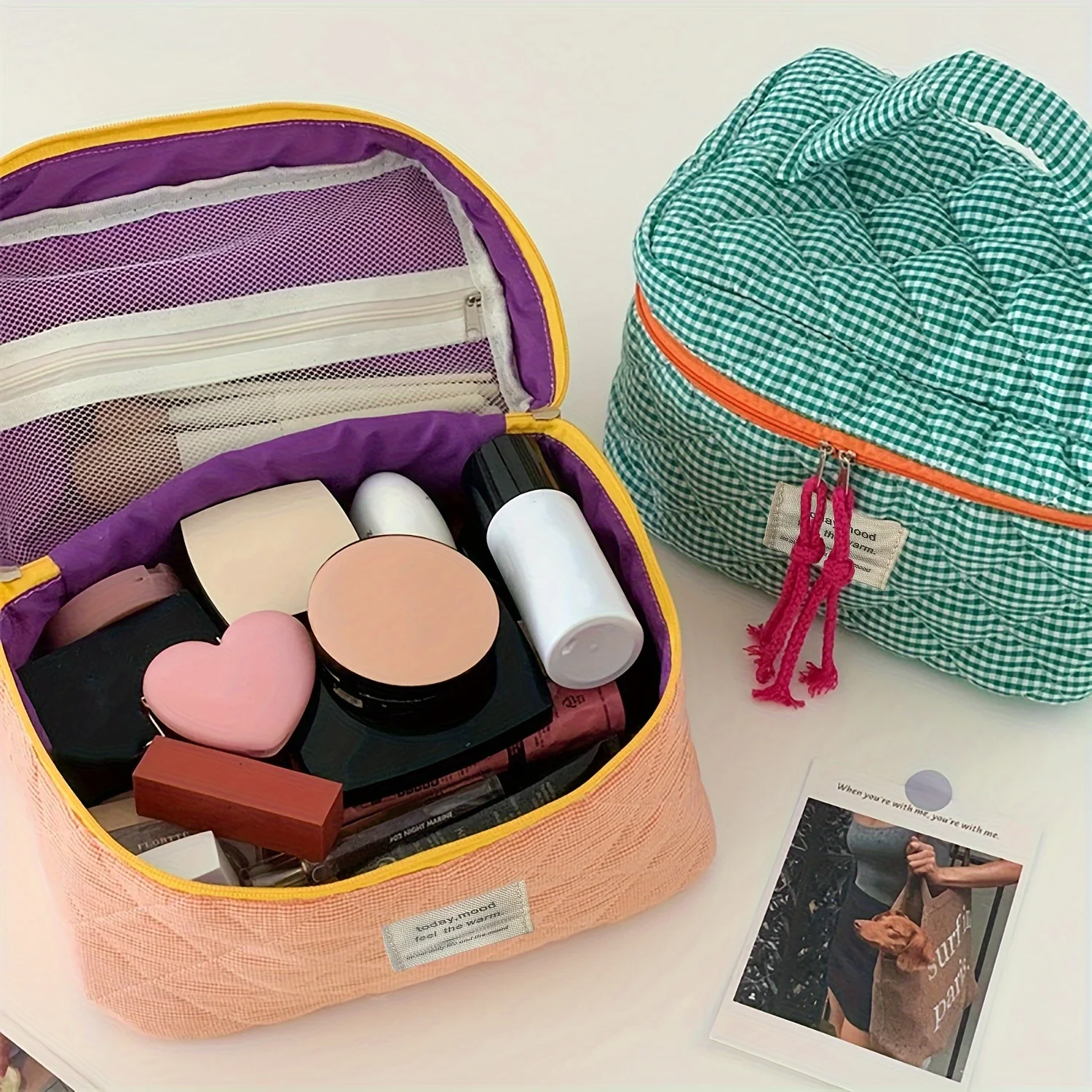 Makeup Bag Classic Plaid Retro Harajuku Style Portable Large Capacity Compartment Toiletry Cosmetic Cute Bag Pattern Storage Bag