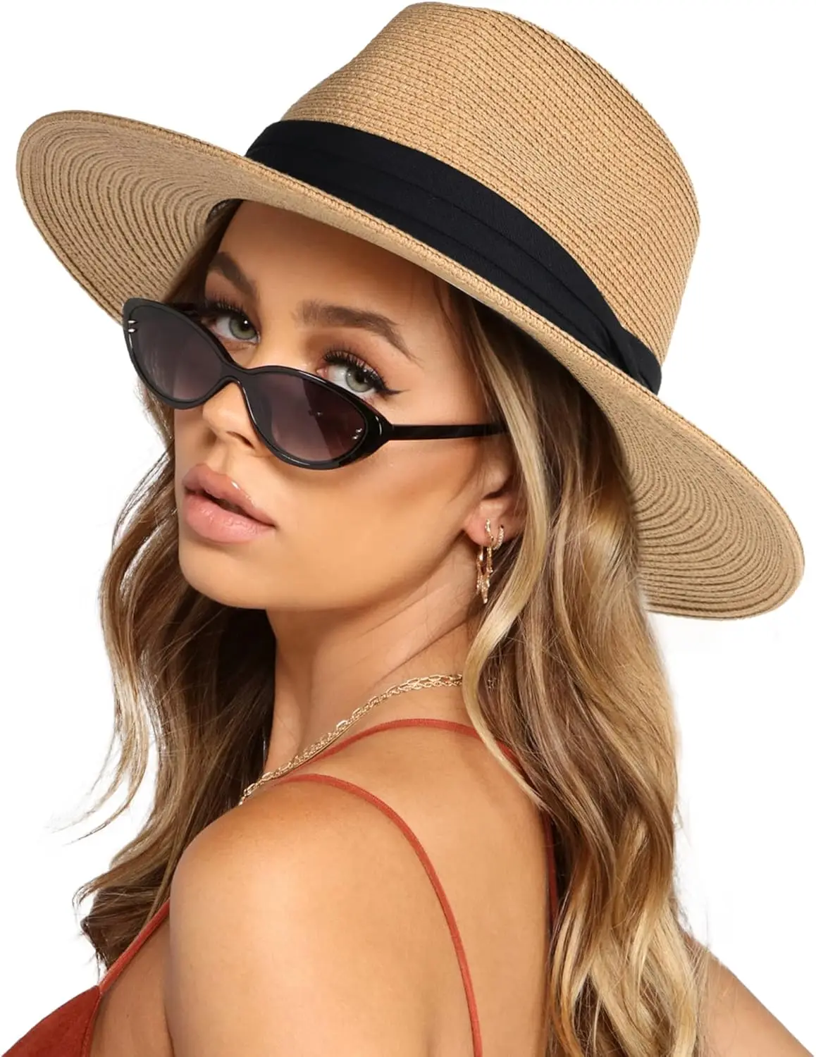

Womens Mens Wide Brim Straw Panama Hat Fedora Summer Beach Sun Hats UPF Straw Hat for Women