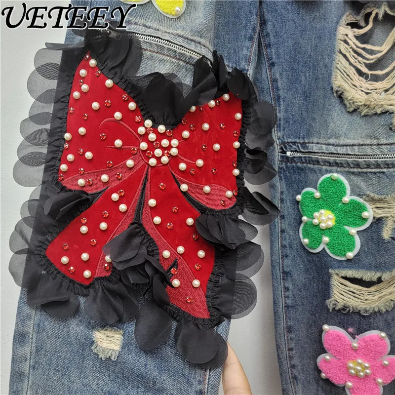 Wiosenno-jesienne, nowe, szerokie jeansy damskie z dużymi kokardami, kwiatami i przetarciami, modne spodnie dżinsowe w stylu europejskim i amerykańskim.