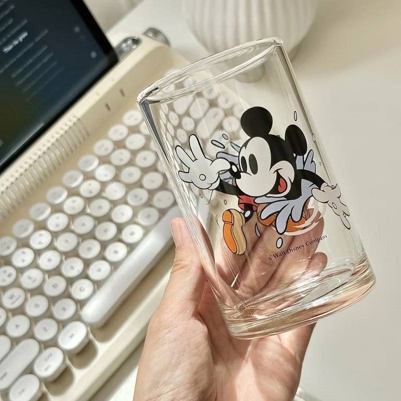 

300ml Disney Mickey Transparent Glass Cup Anime Printed Accessories Cartoon Milk Ice Cream Cup Kawaii Breakfast Juice Cup Gift