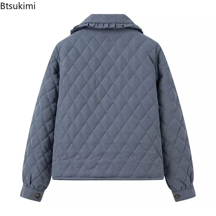 Woman Fashion Solid Turn Down Collar Loose Cotton Jacket 2025 Female High Street Argyle Warm Jackets Girls Casual Lacing Outwear