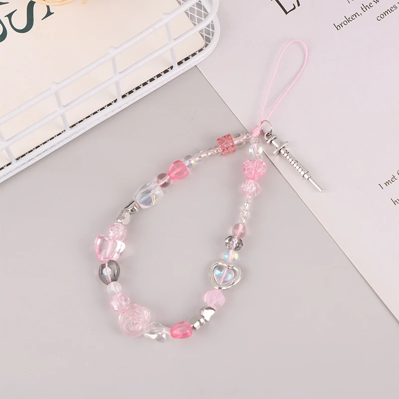 Pink Transparent Love Heart Mobile Phone Chain Metal Needle Phone Keychain Pendant Cell Phone Lanyard Camera Chains Decor Gift