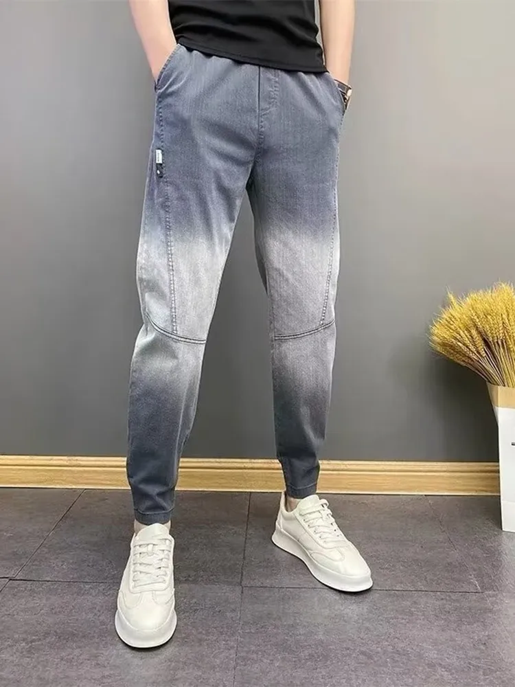 트렌디한 그라데이션 캐주얼 청바지 남성용 청소년 루즈핏 롱 팬츠 가을 착용 편안한 착용감 내구성 있는 스톤 워시 염색