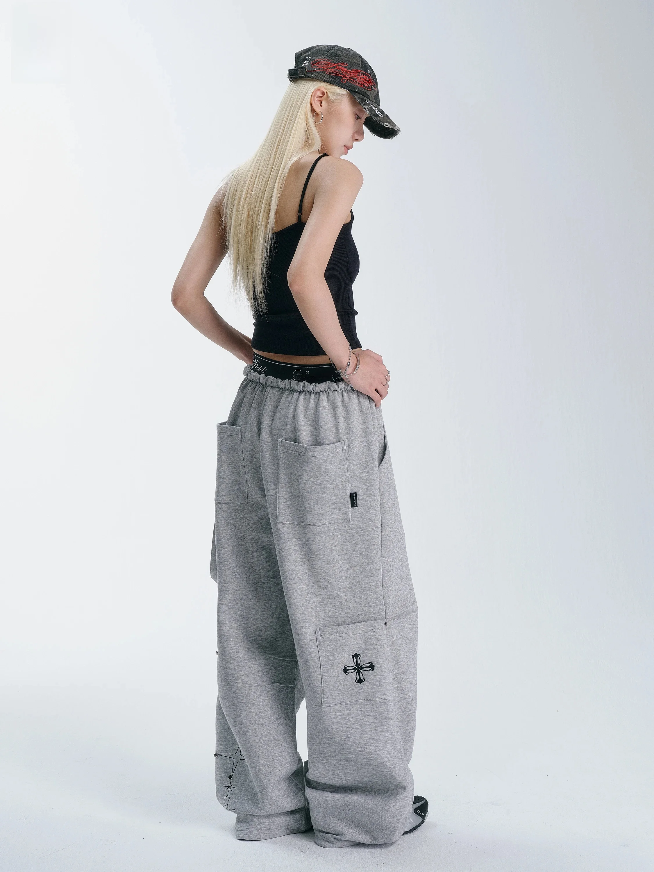 Smile Ddd Starburst Waistband Sweatpants Women's Streetwear Casual Loose Fit Cotton Polyester Blend Comfortable Long Trousers