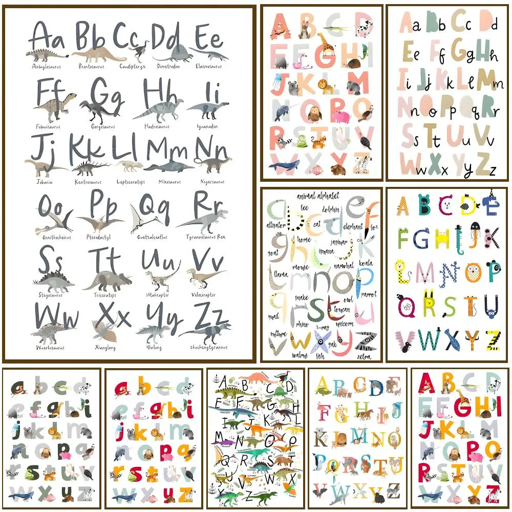 Dinosaur Alphabet Animal ABC Poster Wall Stickers Self Adhesive Painting HD Art Decals for Bedroom Living Room Home Decor