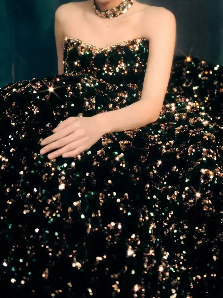 Black with Gold Green Sequined Evening Dresses High Waist Long Prom Gowns