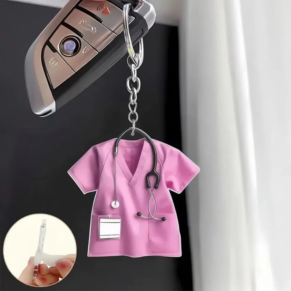 Trendy Acrylic Nurse Uniform Keychain Worker Keychain with Stethoscope 2D Flat Tag Pendant Car Keychain Gift for Nurses Doctors