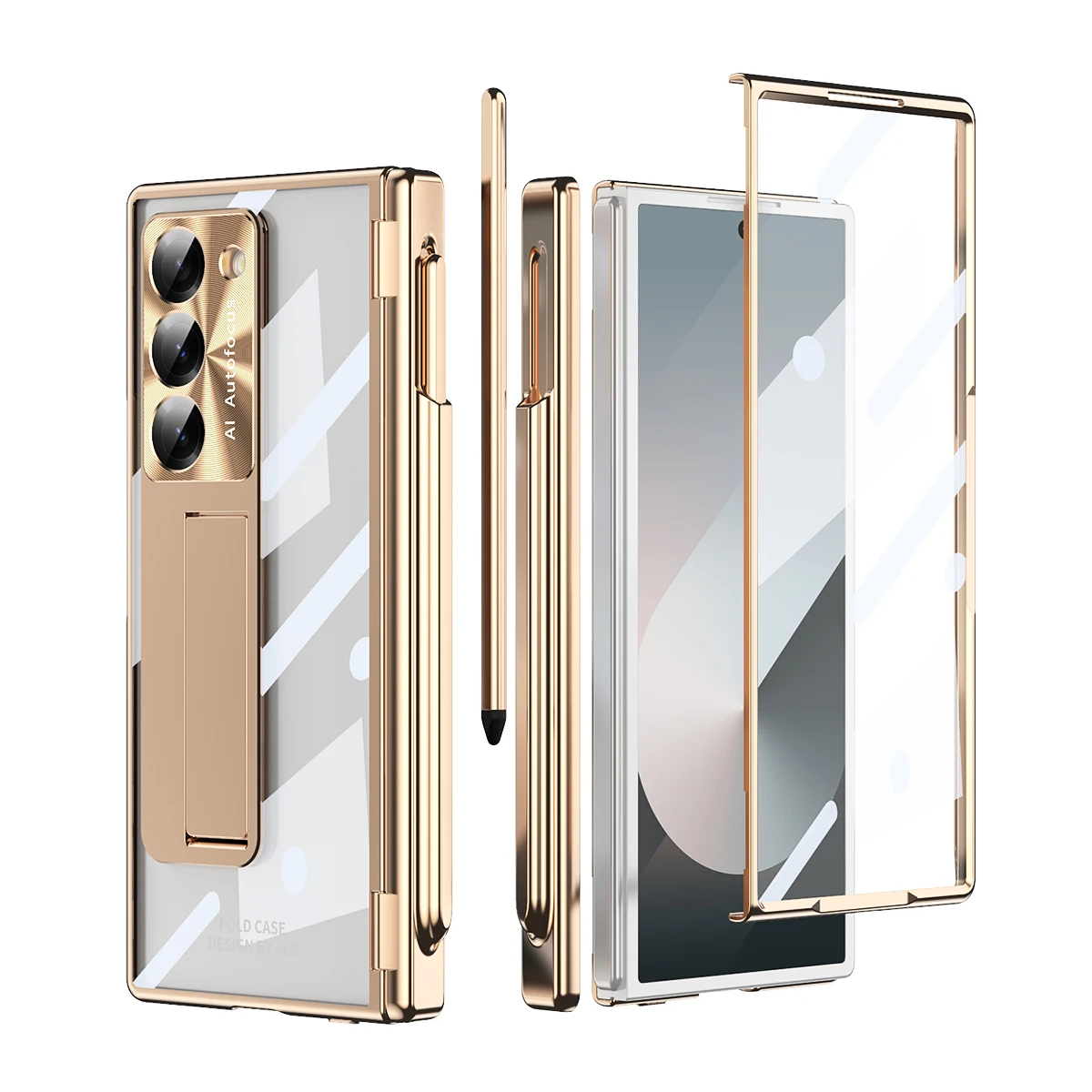 

For Samsung Galaxy Z Fold 6 5 4 3 Case Electroplated Transparent Bracket Folding Hinge Pen Slot Tempered Film Shockproof Cover