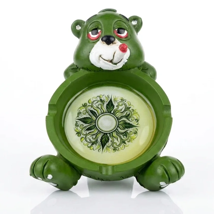 Funny Green Bear Ashtray Cool Novelty Smoking Ash Tray Holder Aesthetic Graphic Design Unique Tabletop Room Accent Decor Cute De