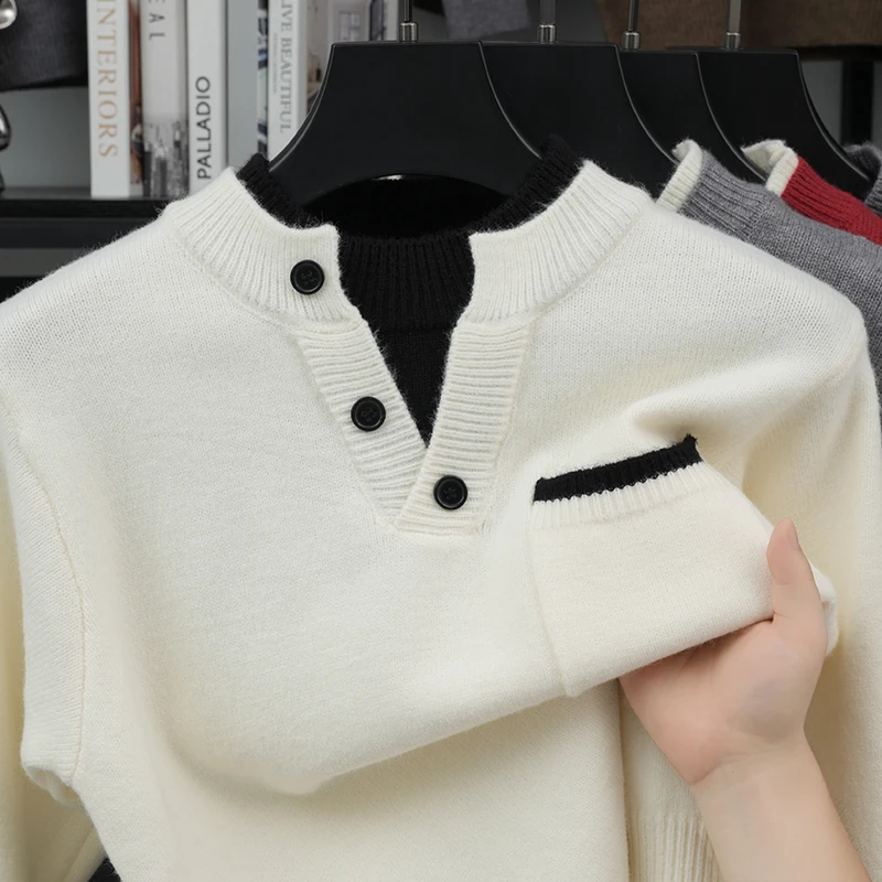 Men's Fake Two-Piece Knitted Long Sleeved Pullover, Round Neck Real Pocket Warm Sweater, Casual and Fashionable Men's Clothing
