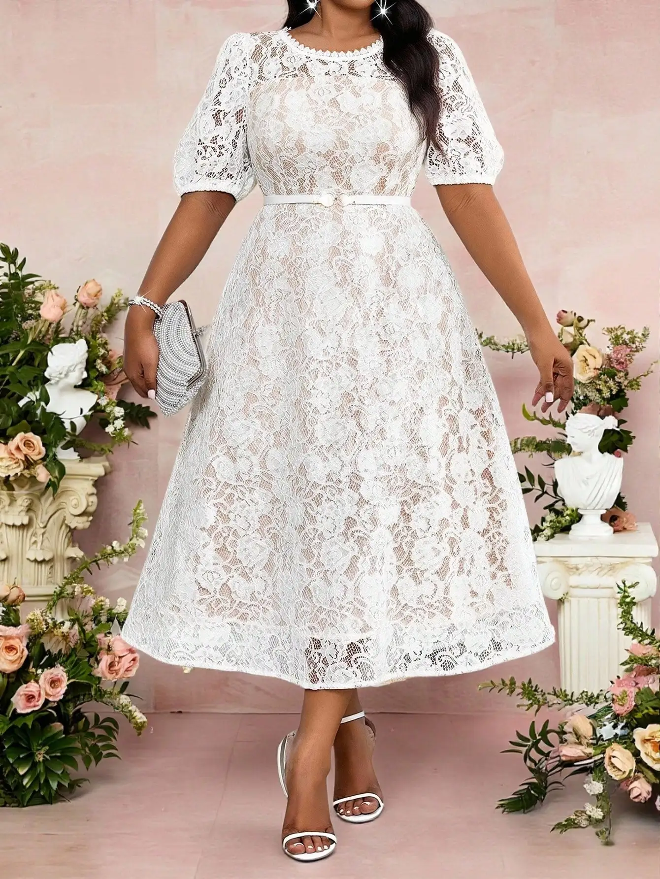 

White Lace Midi Dress With Flared Skirt, Puff Sleeves, Round Neck And Waist Belt For Wedding, Party, Or Elegant Occasions