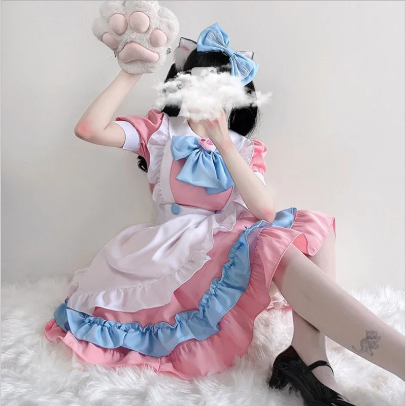 ロリータメイドコスプレ衣装,日本のアニメ衣装,かわいいピンクのエプロン,青いドレス,ハロウィーンパーティー,女の子,カワイイ,アニメ