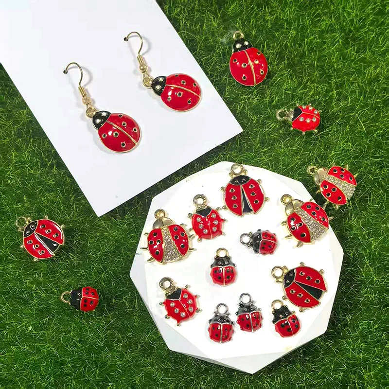 10/12pcs With Rhinestone Alloy Enamel Ladybug Charms Lucky Earring Bracelet Charm Pendant Accessory DIY Women Jewelry Make