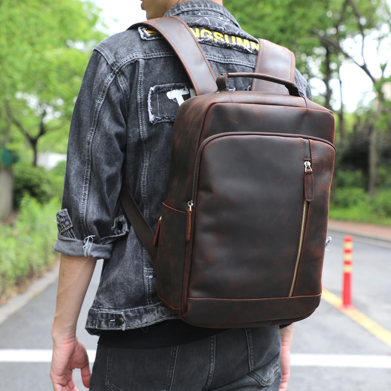 S.WORKER Vintage Echtleder-Rucksack Laptop-Tasche Crazy-Horse-Leder Schultasche Outdoor-Reise-Weekender-Schultertasche – Detail 3