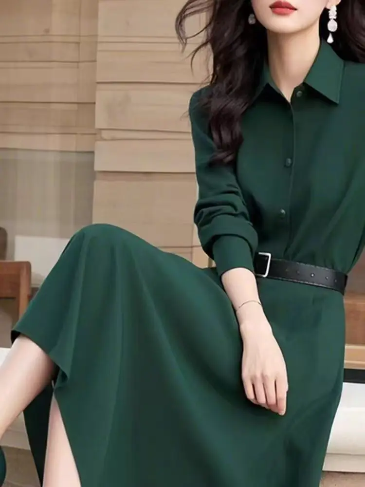 新しいライト高級秋ドレス女性ハイエンドファッションラペル長袖スリムウエストエレガントなグリーンオフィスレディドレス Vestidos