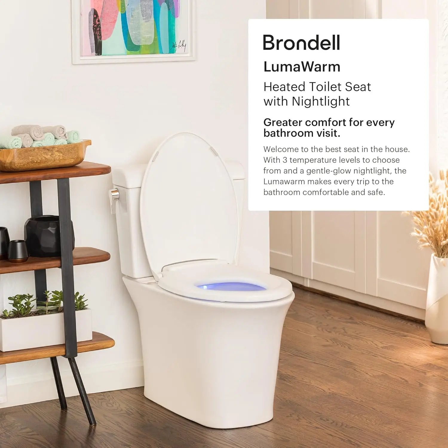 Brondell L60-Ew Lumawarm Heated Toilet Seat With Night Light Three Temperature Settings, Gentle Close Lid, Easy Installation,