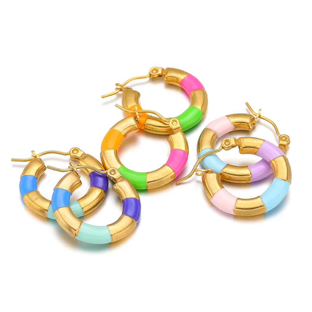 2pcs Stainless Steel Gold Plated Oval Wire Three Color Enamel Earrings Hoops for Jewelry Fashion Findings Supplies Wholesale