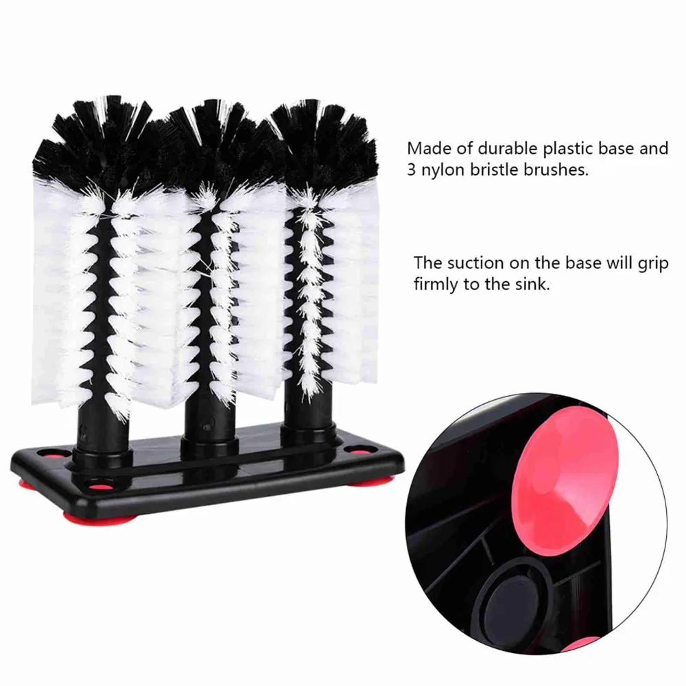 Flexible 3-Head Cup Washer Brush Round Base Detachable Head Cup Cleaning Brush Compact Structure Black Cup Cleaner Restaurant