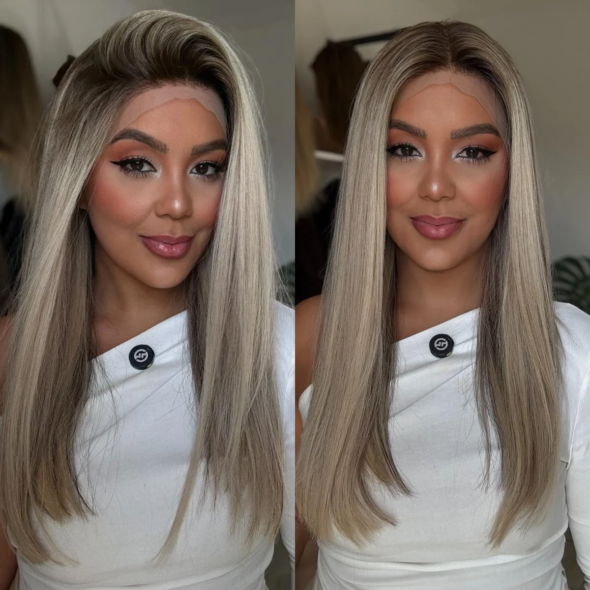 

20 Inches Ombre Light Ash Blonde Synthetic Lace Top Wigs Highlights Not Knotted Natural Straight Soft Heat Resistant Fiber Wigs