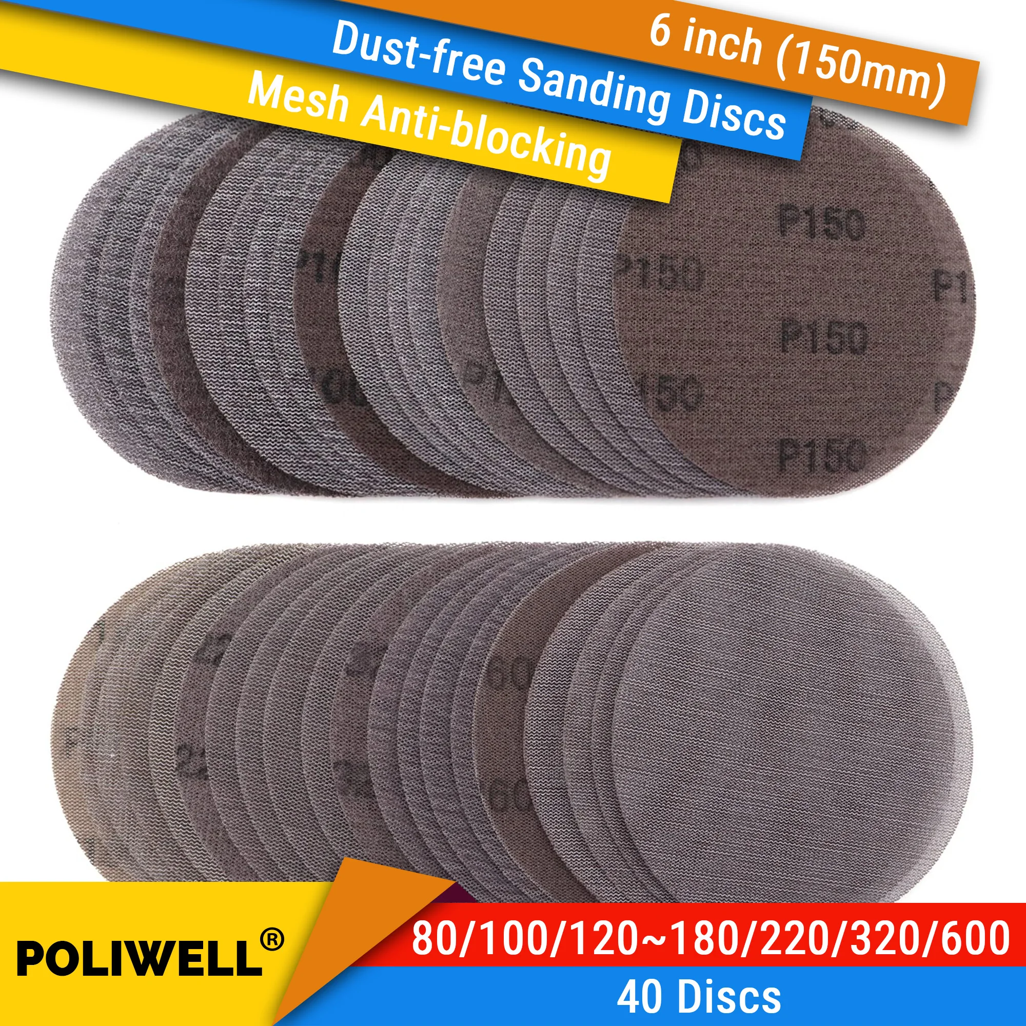 

40PCS 6 Inch 150mm Mesh Hook & Loop Sanding Discs Assort Grit Dust Free Abrasive Net Sander Disc Anti-Blocking Mesh Sanding Pads