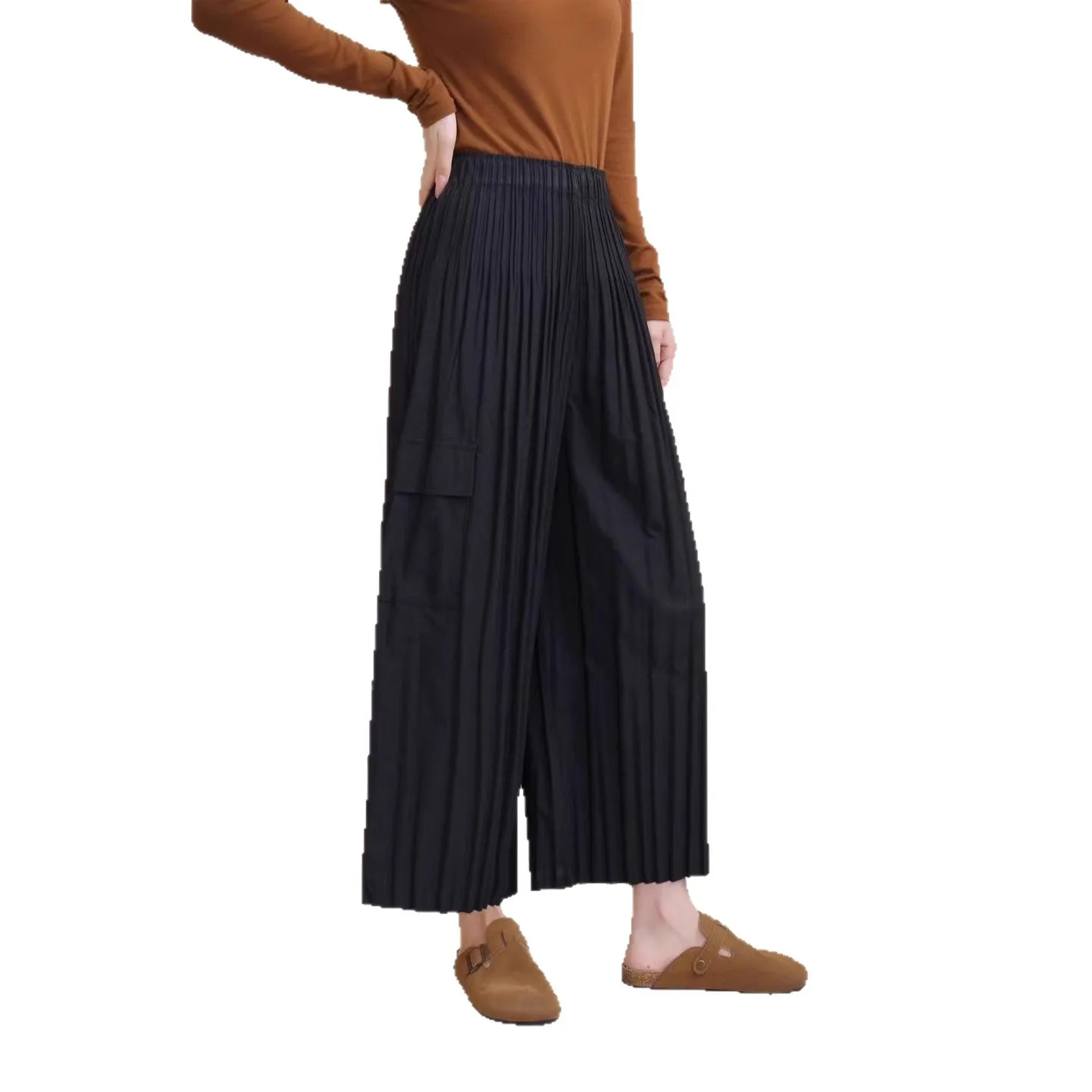 مياكي بنطال كاجوال مستقيم وفضفاض وواسع الساق معلق بطيات