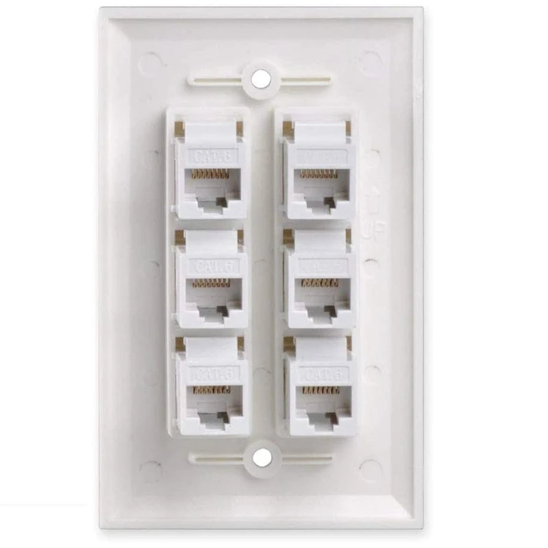 Cat6 Wall Plate 6 พอร์ต 1 Gang แรงดันไฟฟ้าต่ํายึดสําหรับ Cat5e, Cat6, Cat6a, Cat7 สายเคเบิลเครือข่าย, สีขาว