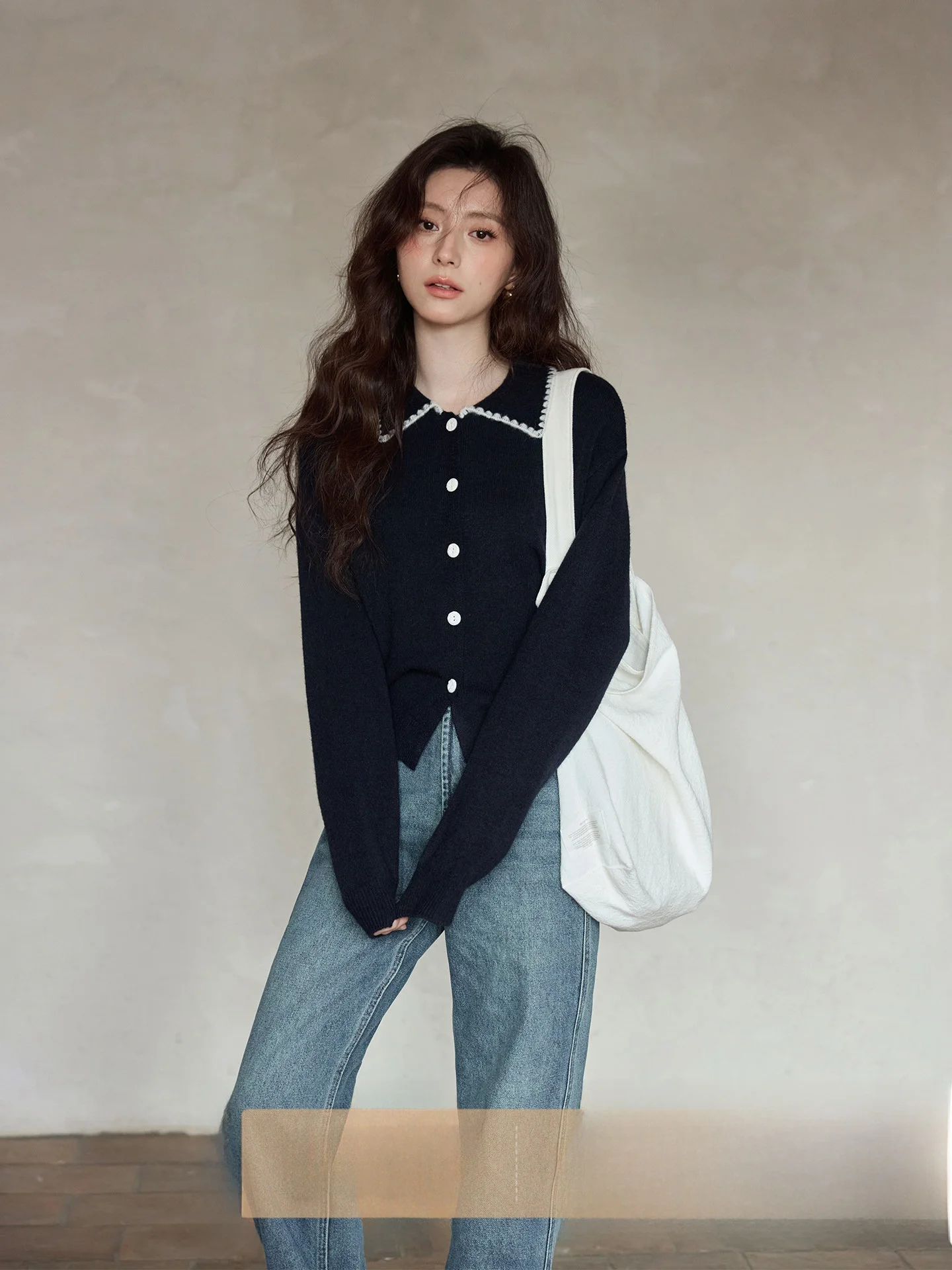 

Элегантная корейская вязаная рубашка с воротником, красивого синего цвета, уникальная, премиум-класса, новинка весеннего сезона от Xi Meng