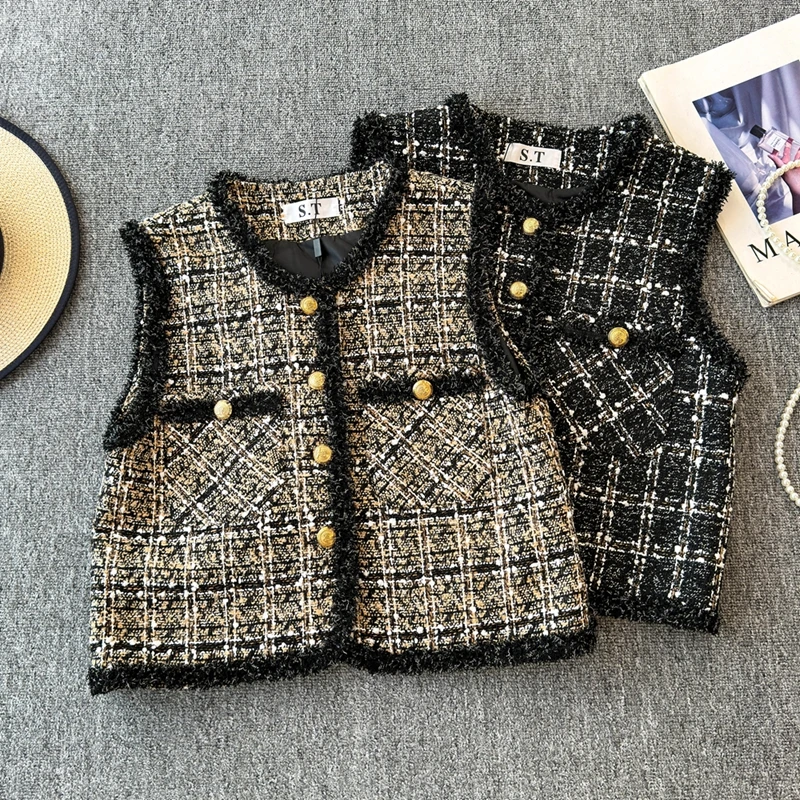 Gilet autunnale piccolo stile profumato da donna Cardigan girocollo di lusso elegante temperamento plaid top senza maniche in Tweed grossolano