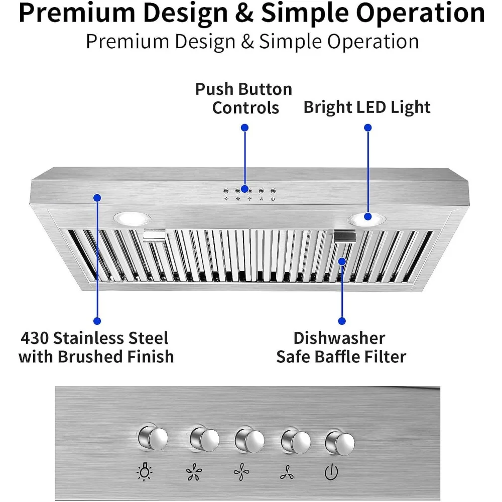 언더 캐비닛 레인지 후드, 배플 필터 포함 스테인레스 스틸 레인지 후드, 덕트리스 레인지 후드 500, 3 방향 통풍, 30 인치