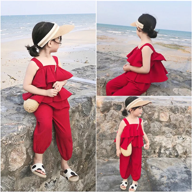 

Summer Baby Girls Plain Red Sleeveless Pleat Layered Suspender Shirt Tops+Loose Pant Set Kids Tracksuit Child 2PCS Outfit 2-8Yrs