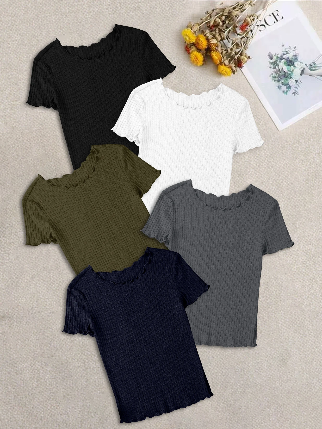 

Новый стиль, повседневная приталенная кружевная женская футболка в рубчик с круглым вырезом и короткими рукавами, комплект из пяти предметов