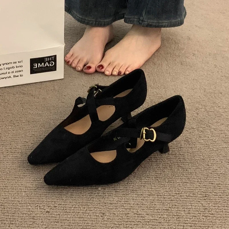 Pointed Toe Women Mid Heels Shoes Suede Shallow Sandals Woman Trend Elegant Party Pumps Shoes Dress New Brand Mujer Zapatillas