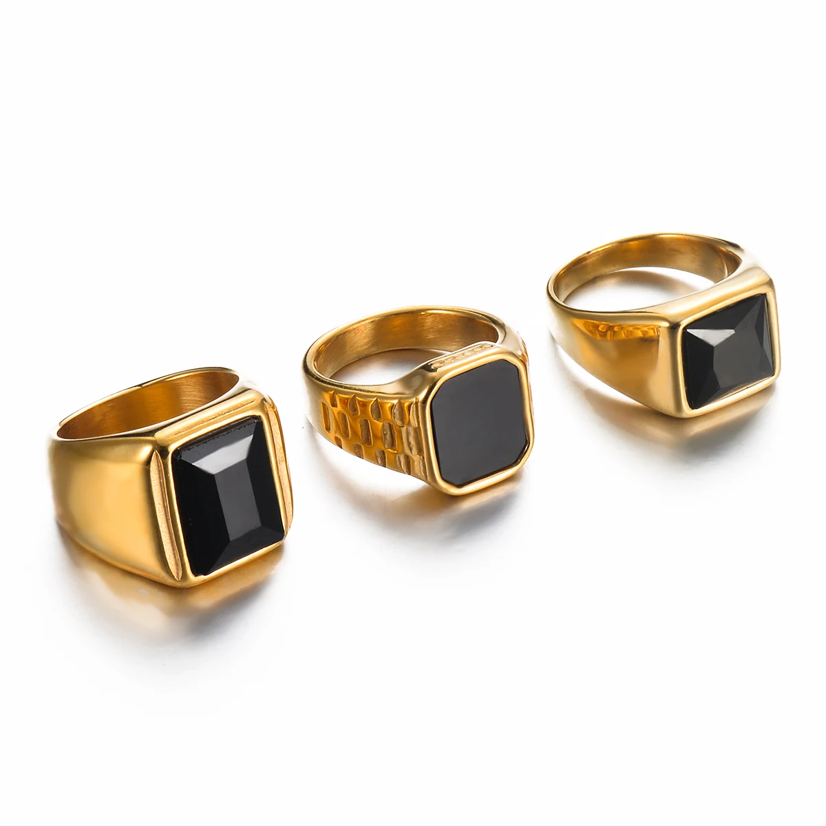 Square Simple Black Cubic Zirconia Women\'s Ring Charm Punk Gold Color Stainless Steel Jewelry for Men Unisex