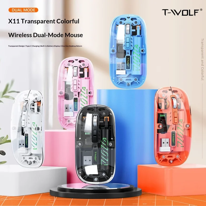 T-Wolf X11 Dual Mode Wireless Mouse Rechargeable Silent Bluetooth Usb Transparent With Type C Charging Power Display For Office