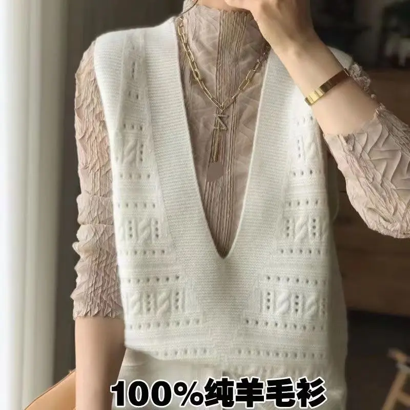 Women\'s 100% Merino Wool Vest Spring Autumn Sleeveless Solid Color Hollow Fashion V-Neck Knitted Pullover Sweater Tank Top