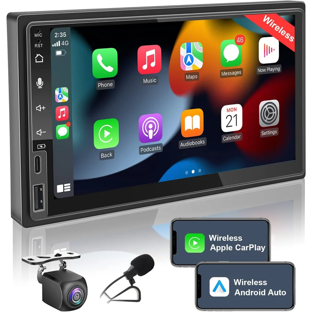 

7 Inch Double Din Touchscreen Car Stereo with Wireless CarPlay & Android Auto, Bluetooth, Rearview Camera