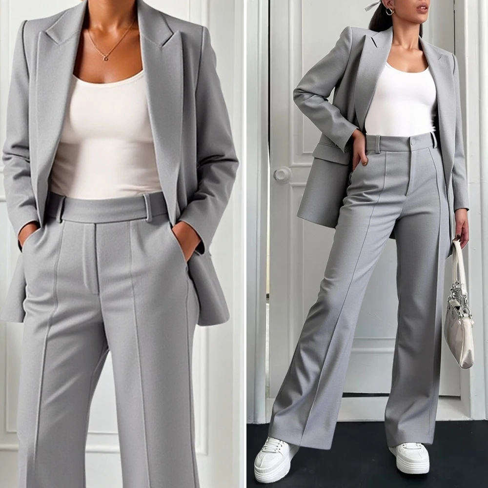 سترة نسائية كاجوال للأعمال 2025 باللون الرمادي الفاتح مفتوحة من الأمام مع بنطلون عالي الخصر للارتداء اليومي المصقول