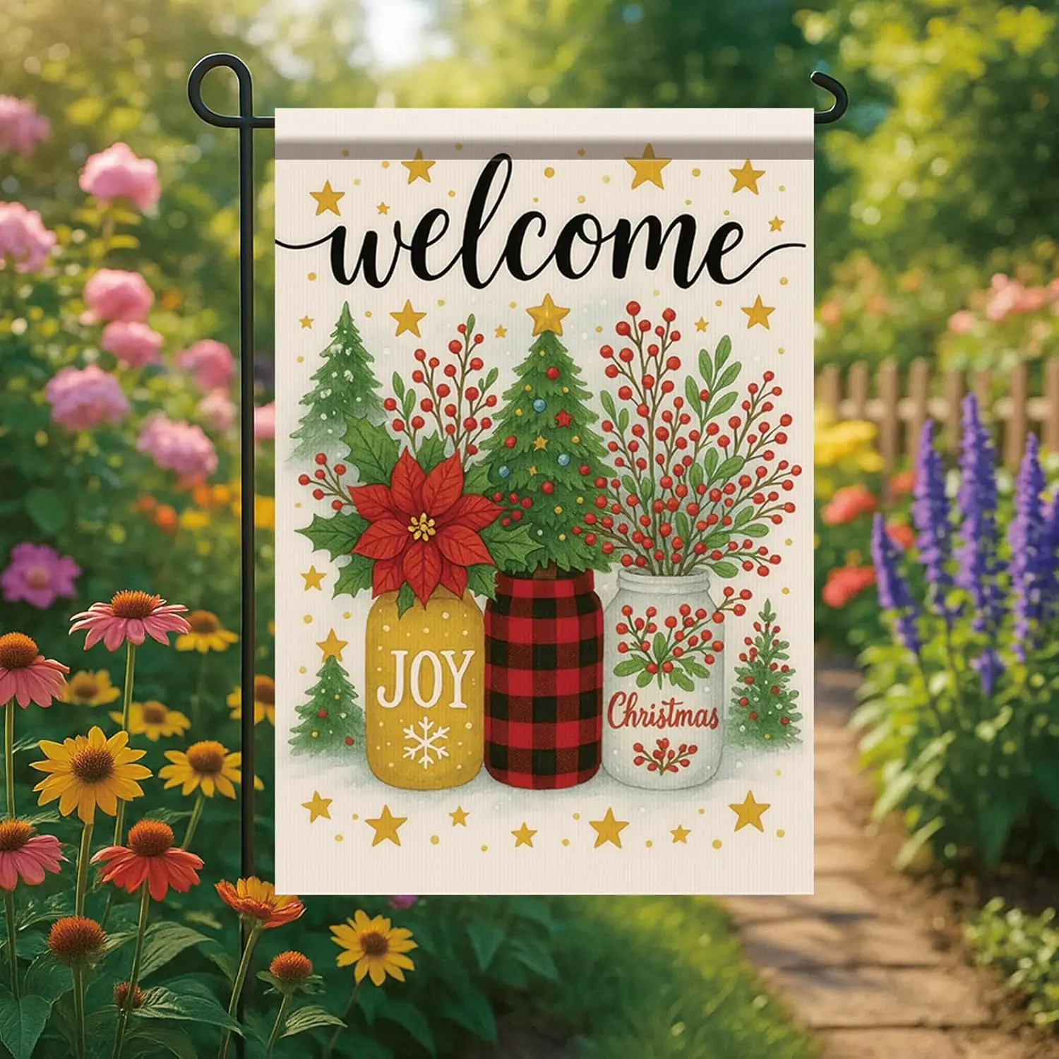 Christmas Garden Flag 12x18 Double Sided Welcome Holiday Joy Mason Jar Yard Banner for Outdoor Lawn Porch Winter Home Decora UUX