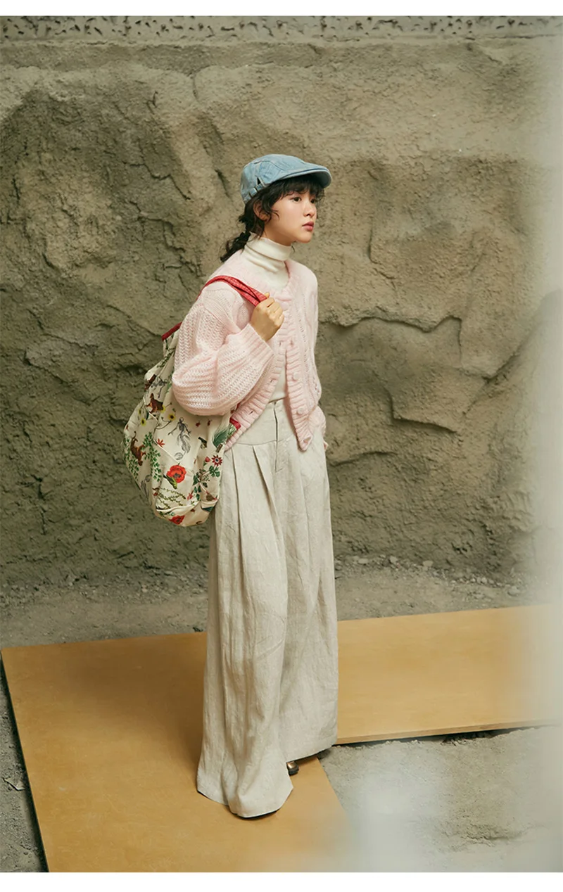 سراويل Fengbaoyu الراقية 100% من الكتان الخالص للنساء عالية الخصر بطول الأرض - سراويل كاجوال بسيطة وأنيقة وفضفاضة