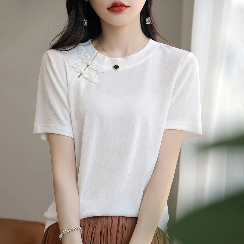 New Chinese Light National Style Ice Silk Short sleeved T-shirt for Women's Spring/Summer Solid Color Large Size Slimming Loose