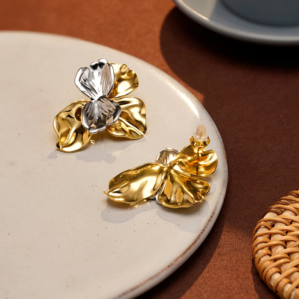 Two-Tone Flower Stud Earrings - 18K Gold Plated Stainless Steel