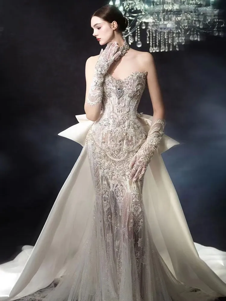 

New fishtail strapless lace heavy-duty drag dress