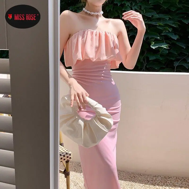 Strapless Skinny Slim Fit Stretch Pink Dress Women Simple Sexy Ruffles Chest Elegant Dresses Romantic Date Hotsweet Vestidos