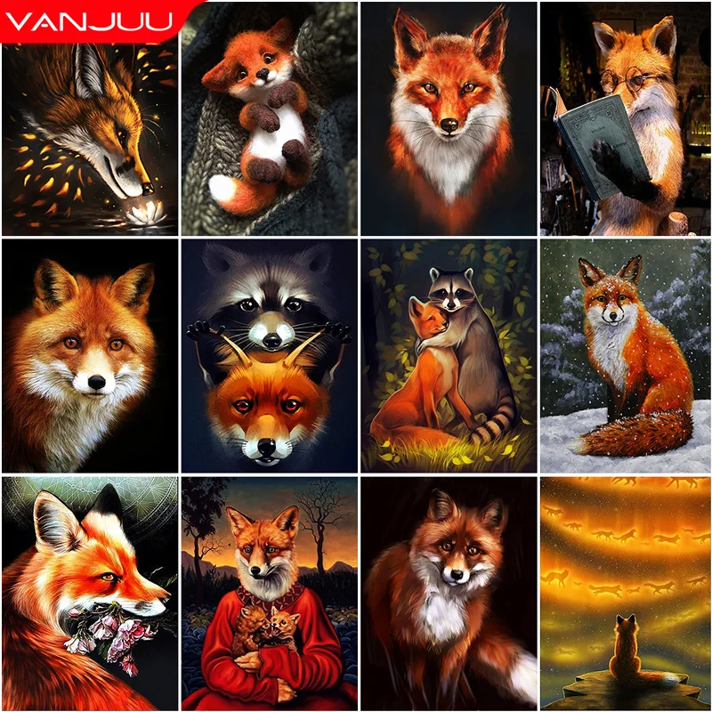 5D DIY Diamond Painting Cute Fox Raccoon Full Round Diamond Mosaic Animal Diamond Embroidery Kit Rhinestone Home Art Decoration