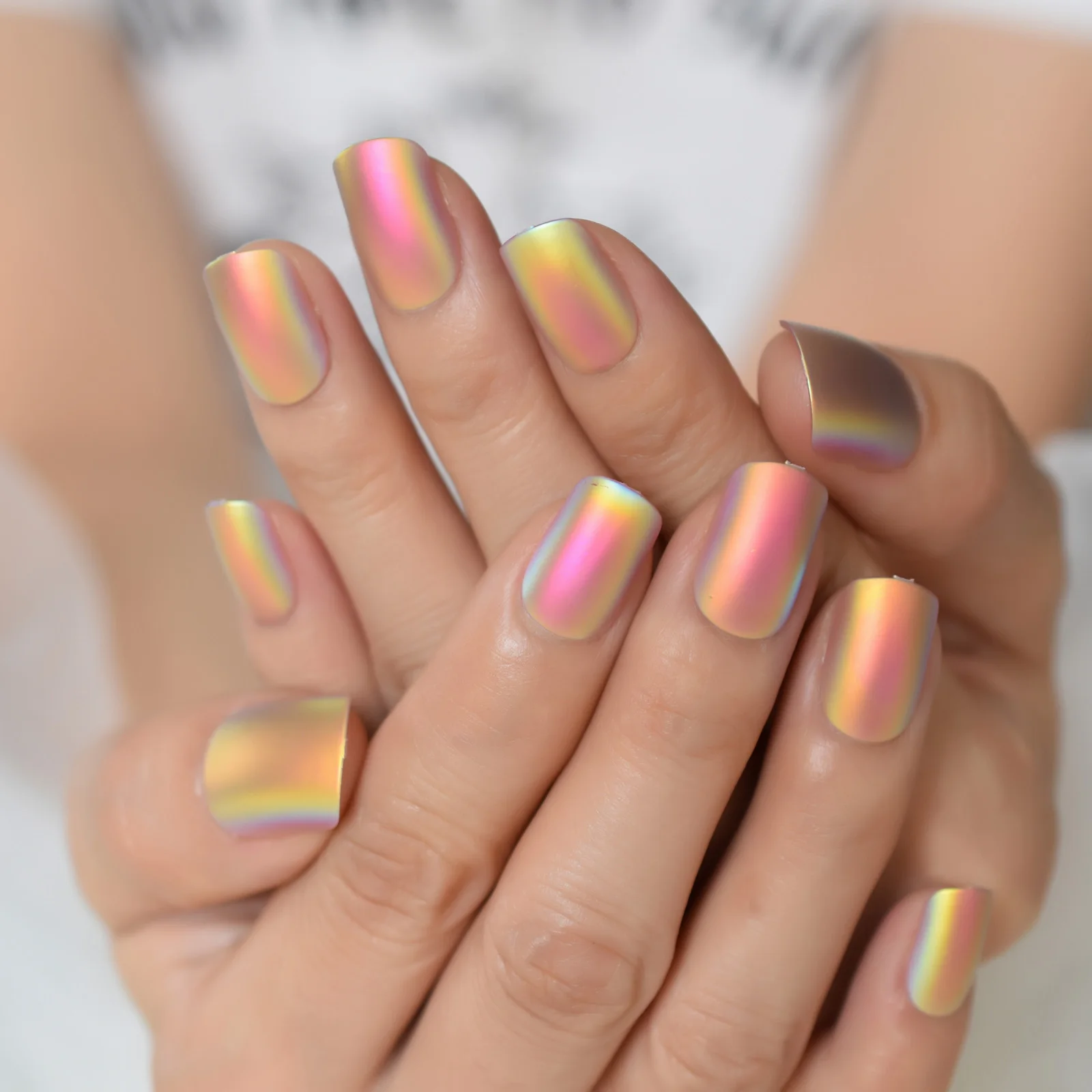 24 pcs press on nail tips short chrome matte  cover fake nails art with tools bag for daily wear