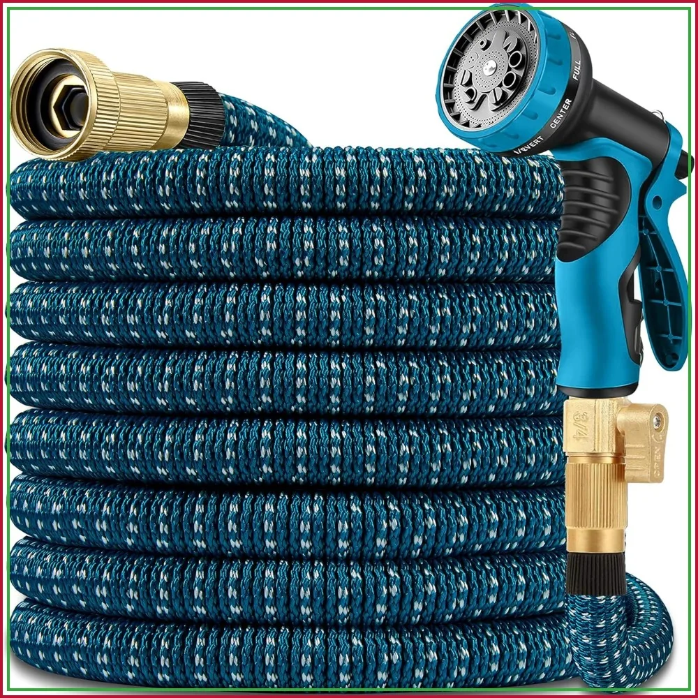 

100 ft Expandable Garden Hose, Durable 3750D Fabric, 4-Layer Latex Core, Solid Brass Connectors, 10 Spray Nozzles & Storage Bag