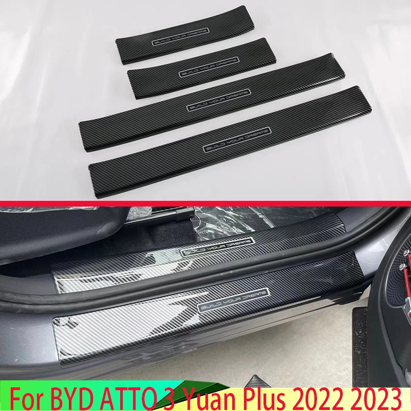 For BYD ATTO 3 Yuan Plus 2022 2023 Carbon Fiber Style Inside Outside Door Sill Panel Scuff Plate Kick Step Trim Cover Protector